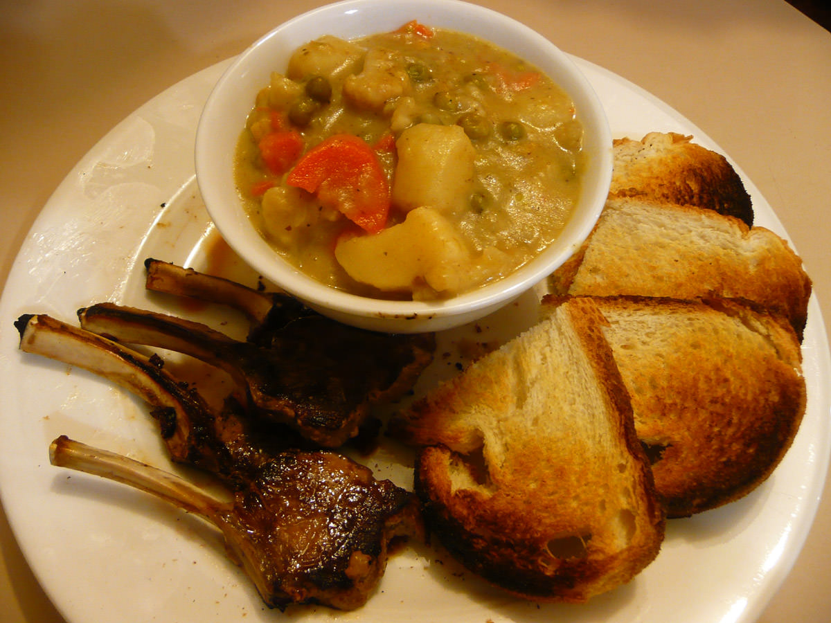 Dinner - Lamb cutlets, toast and vegetable hot pot