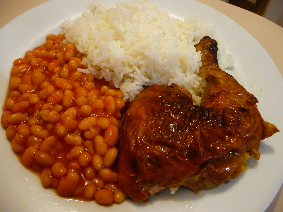 BBQ chicken, baked beans and rice
