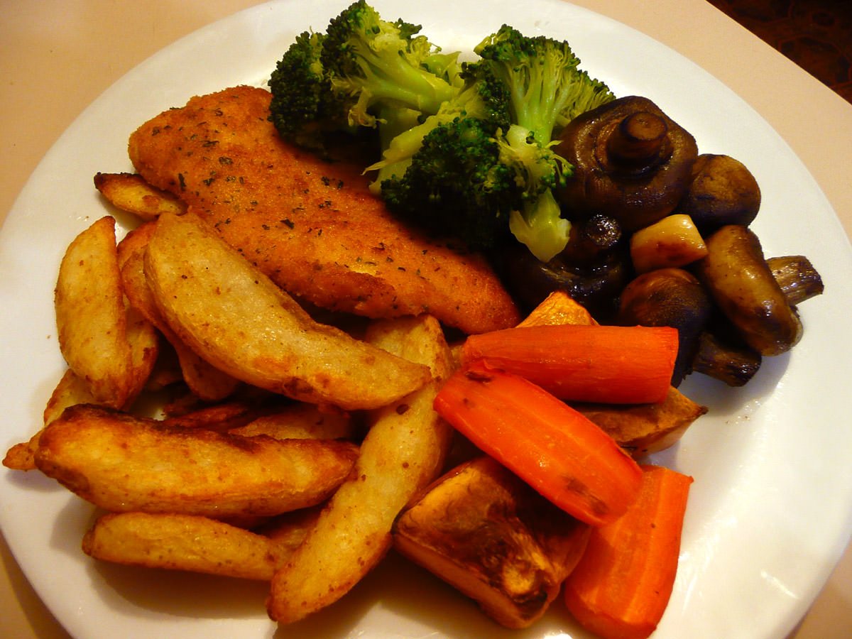 Chicken schnitzel, oven baked potato wedges, carrots, broccoli and garlic mushrooms
