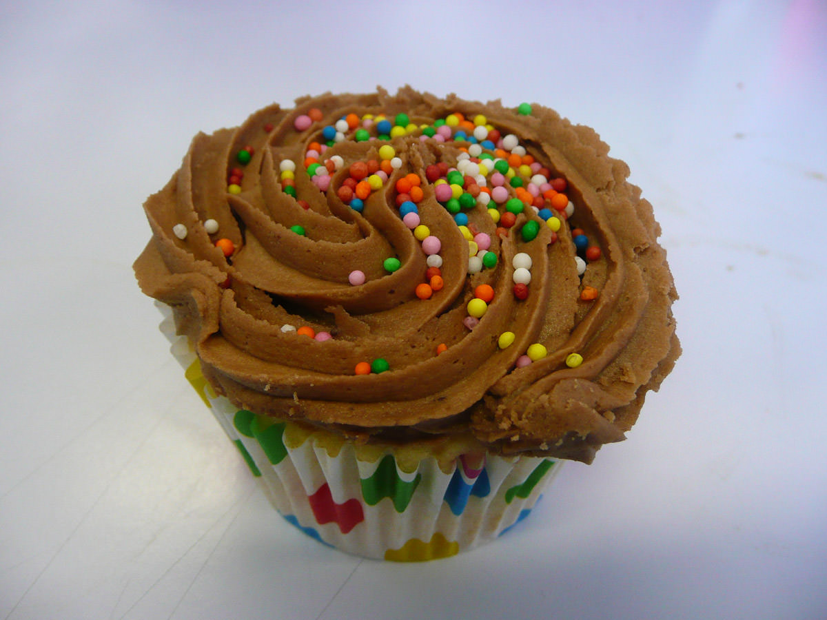 Cupcake with choc icing and hundreds and thousands