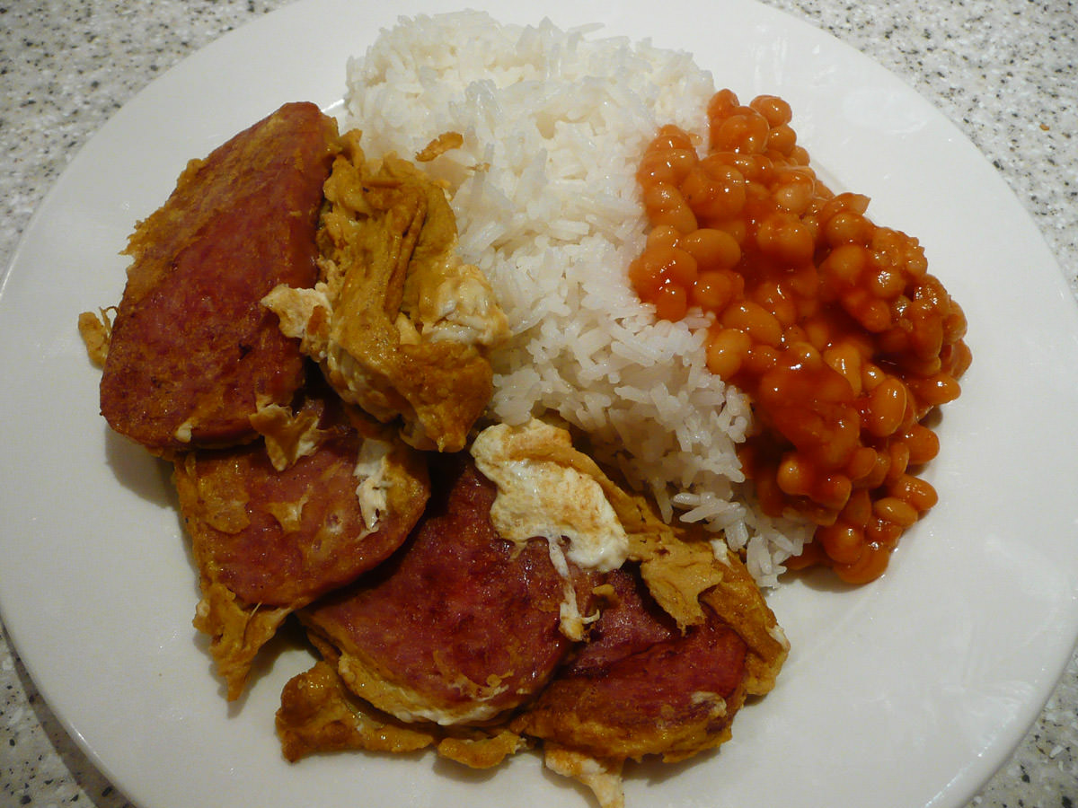 SPAM and egg, baked beans and rice