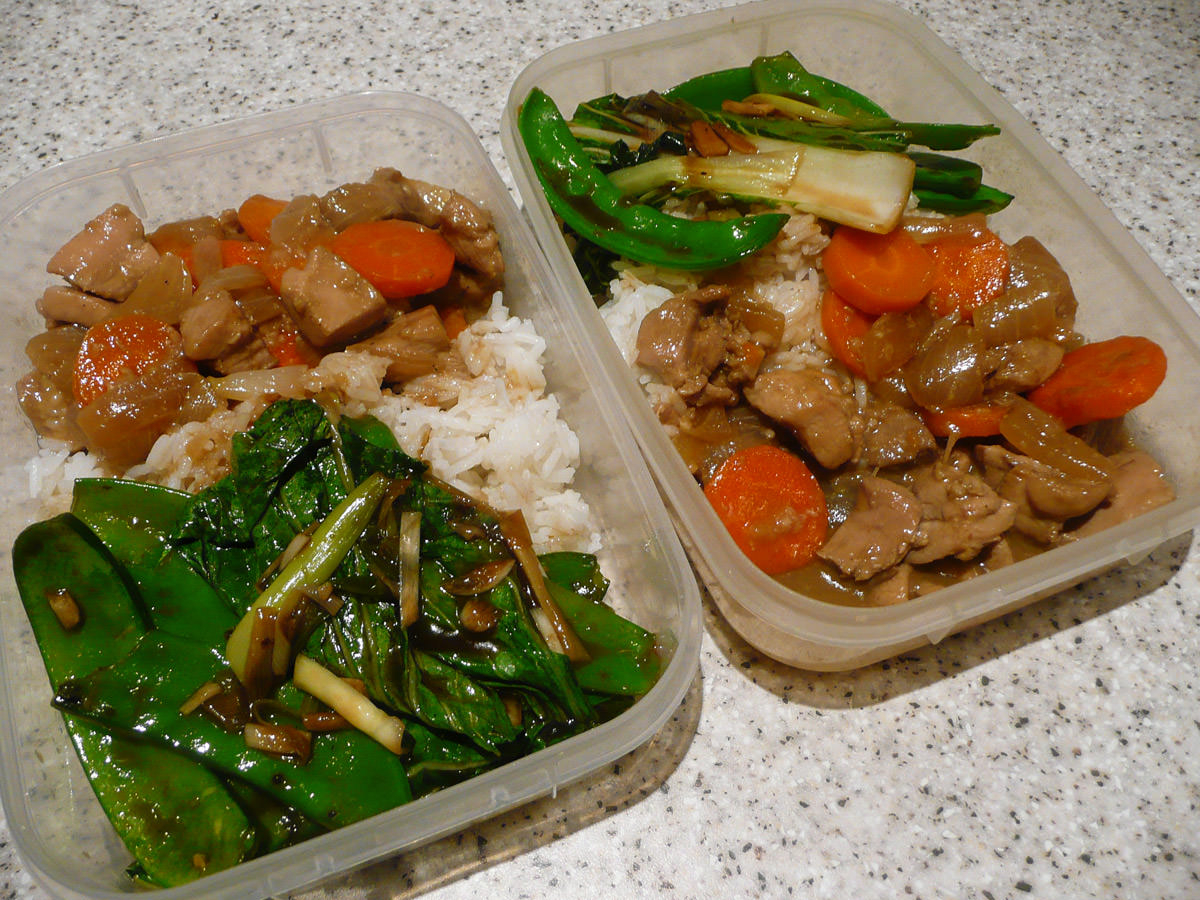 Bento lunches for two - ginger chicken, oyster sauce greens and rice