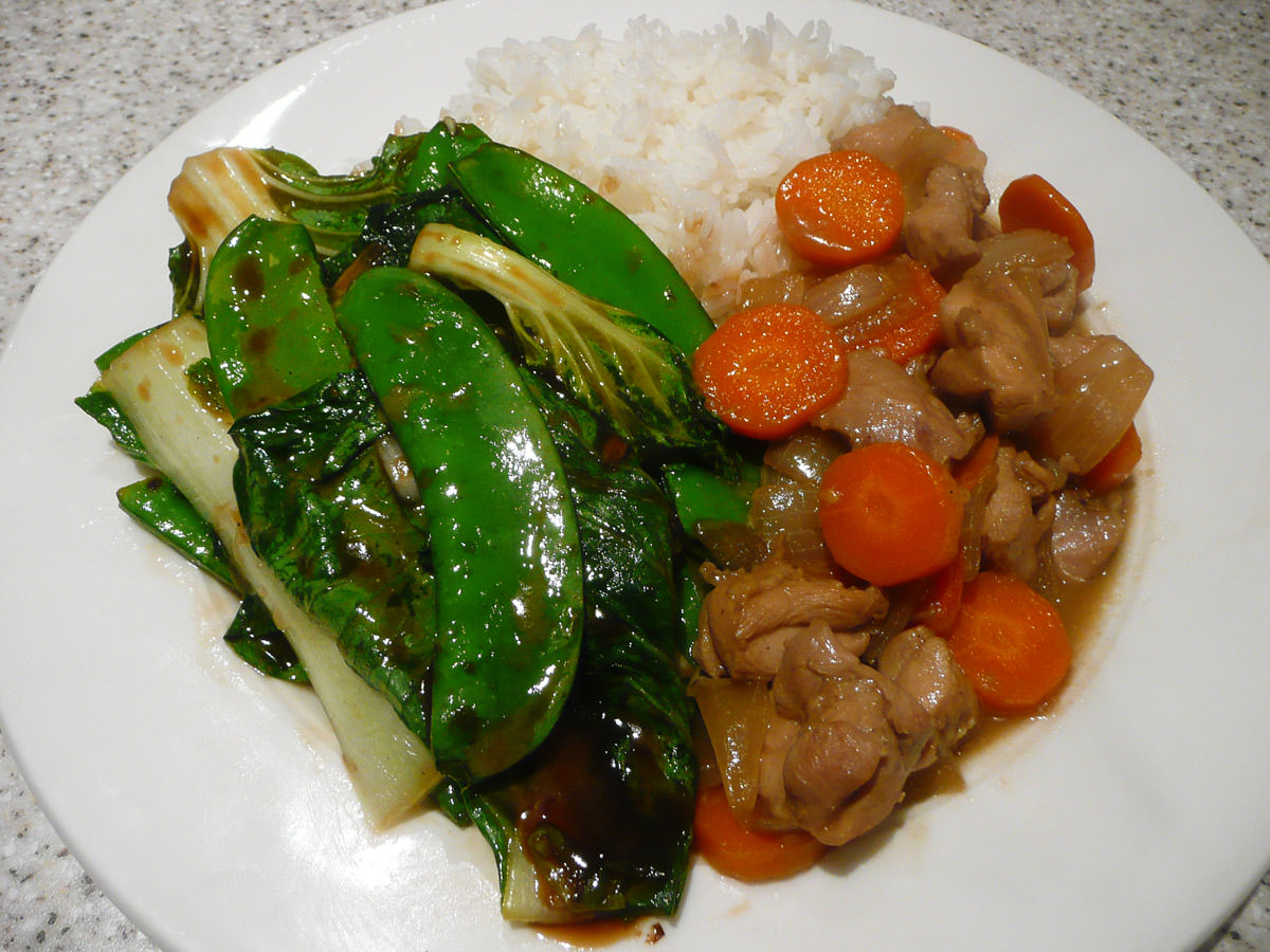 Ginger chicken, oyster sauce greens and rice