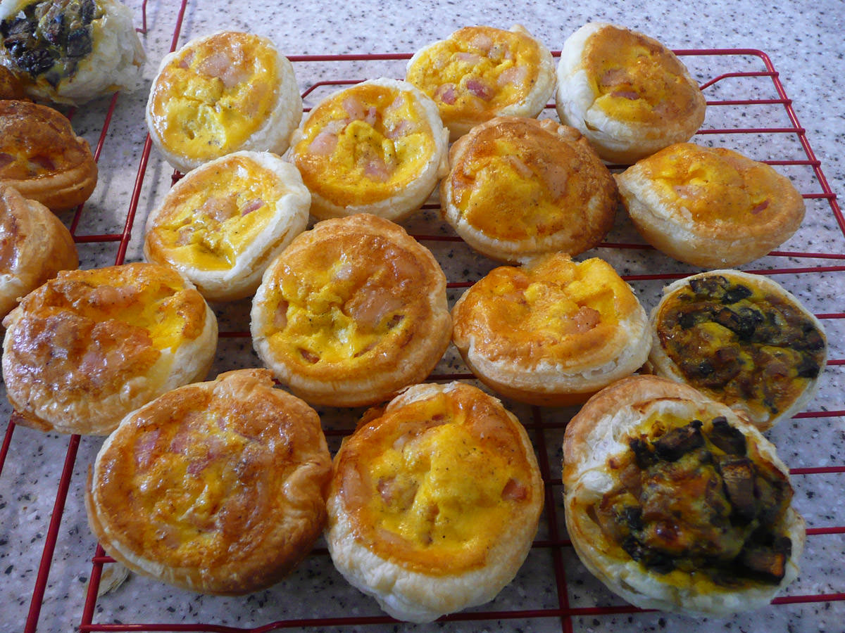 Bacon and egg pies, mushroom and caramelised onion pies