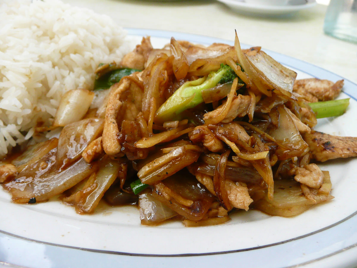 Ginger chicken and rice close-up