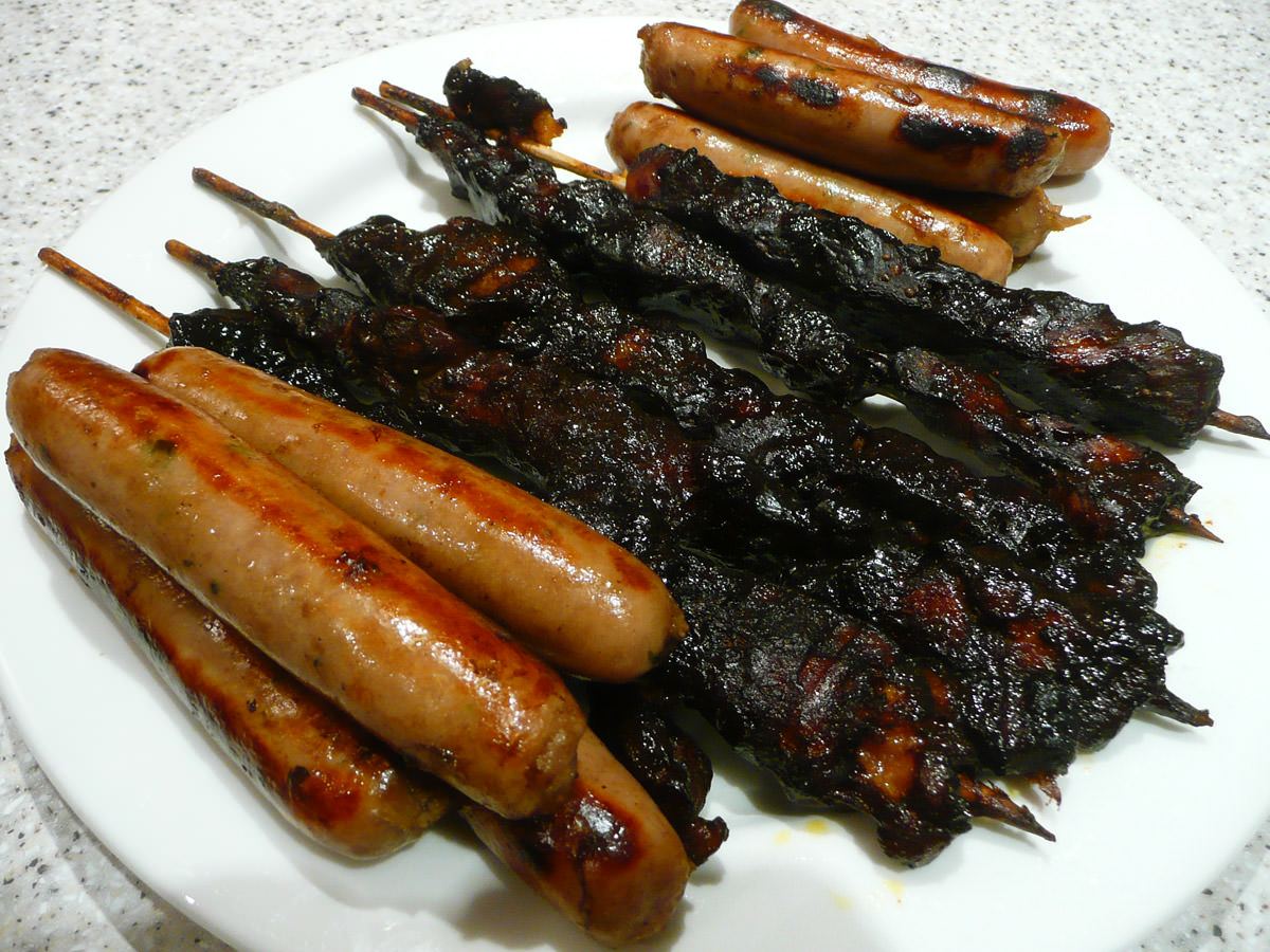 Pork and leek sausages with honey soy chicken kebabs
