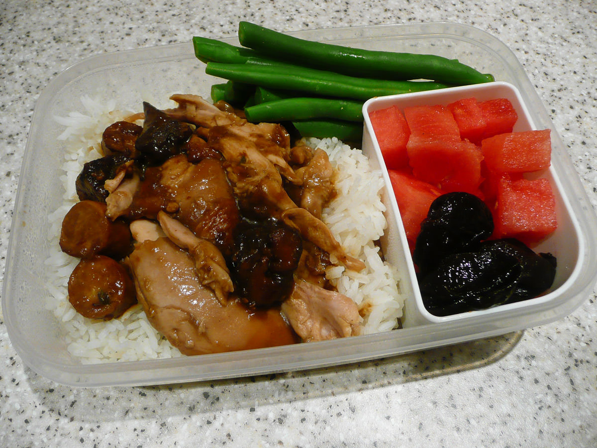 Bento lunch - recycled chicken, beans and rice with watermelon and prunes 