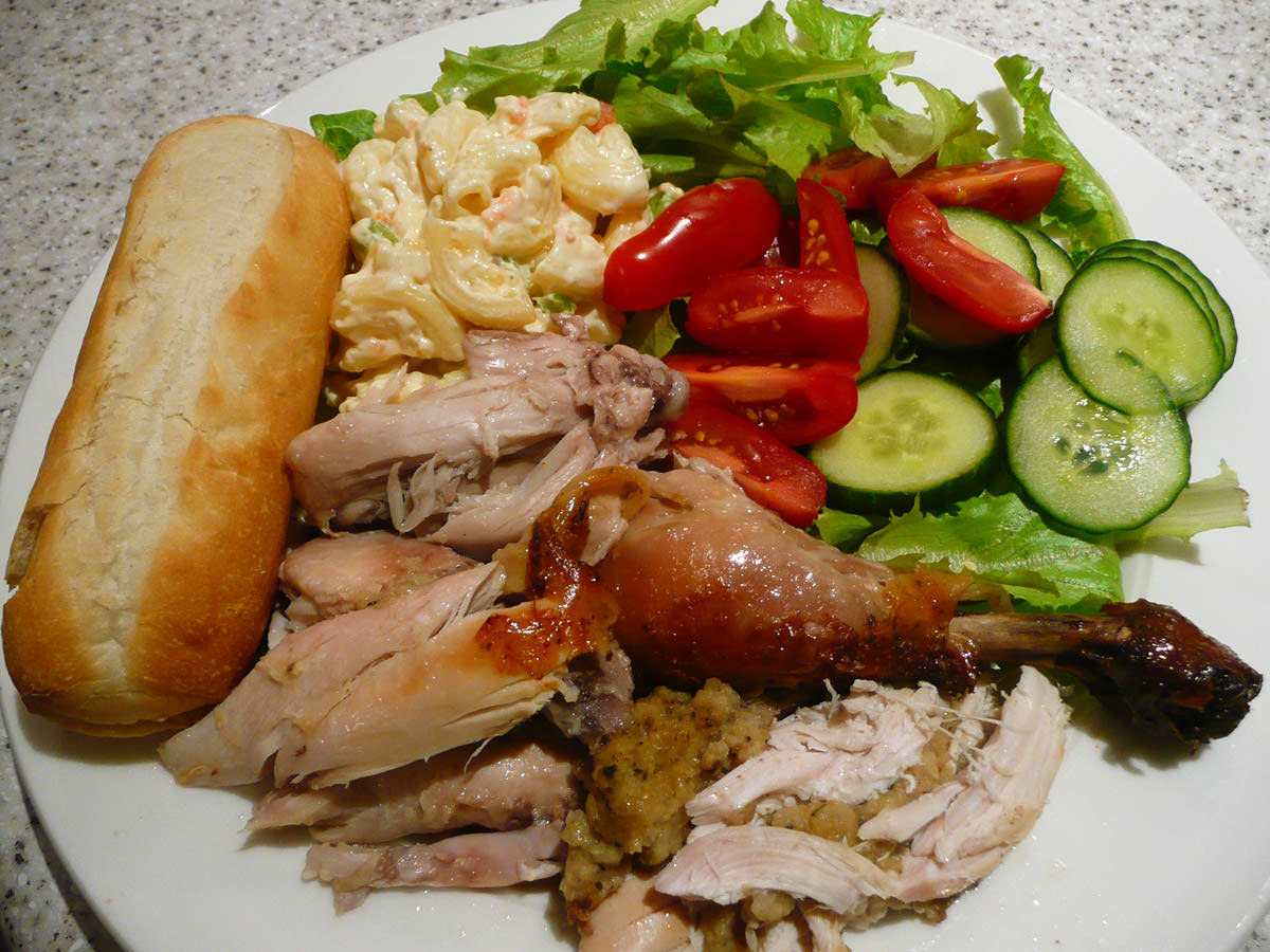 Dinner - barbecue chicken, salad and bread