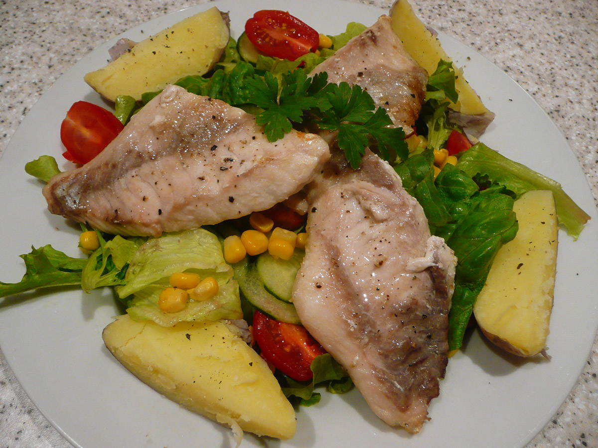 Grilled snapper, potatoes and salad