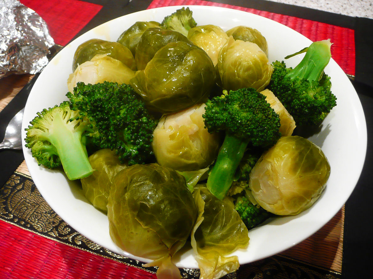 Steamed Brussels sprouts and broccoli