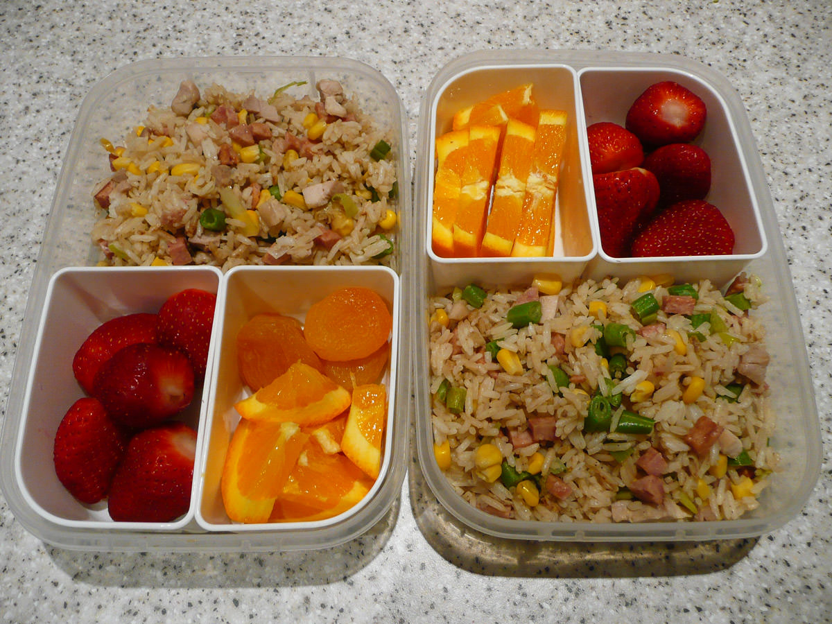 Bento lunches - fried rice and fruit