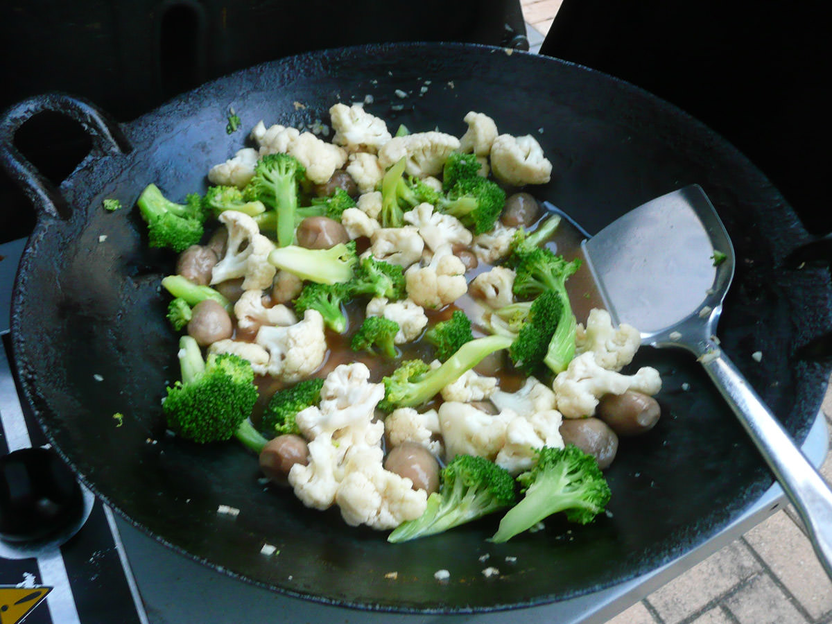 Stir-fried broccoli and cauliflower - on the BBQ wok burner