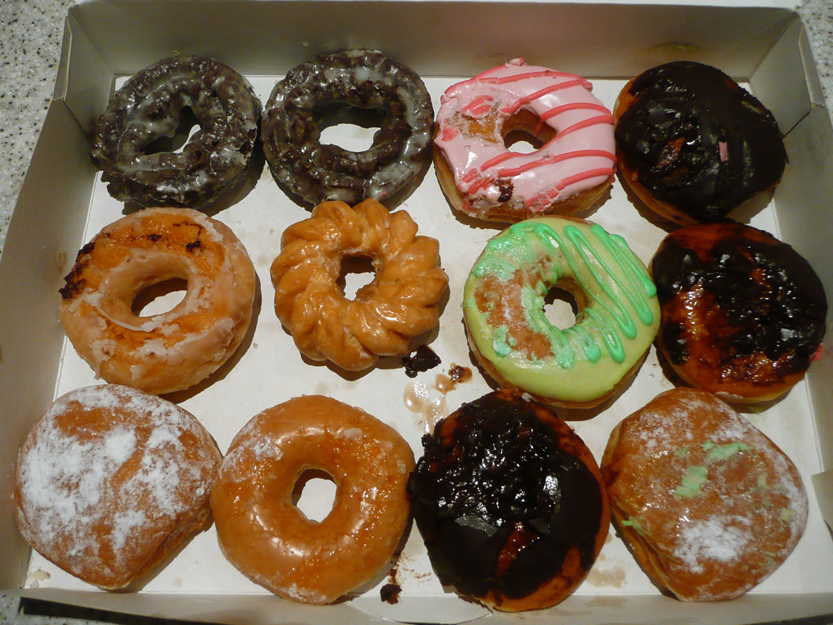 Krispy Kreme doughnuts, a little squished