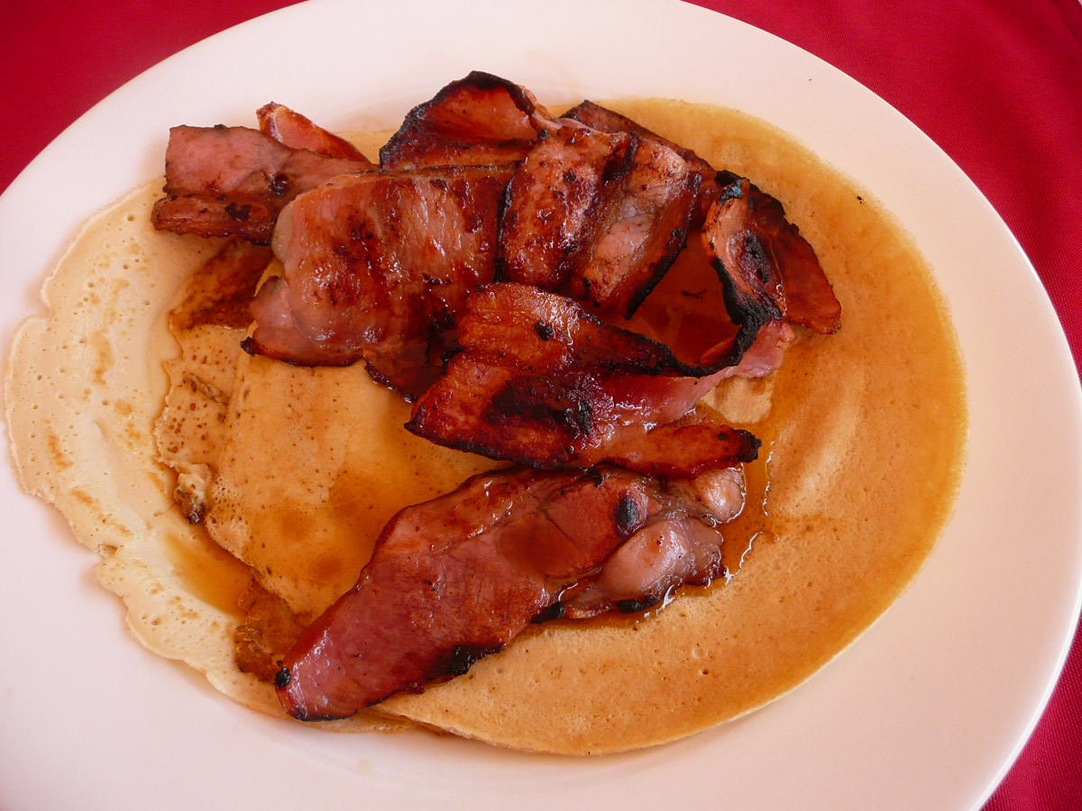 My pancakes with bacon and maple syrup