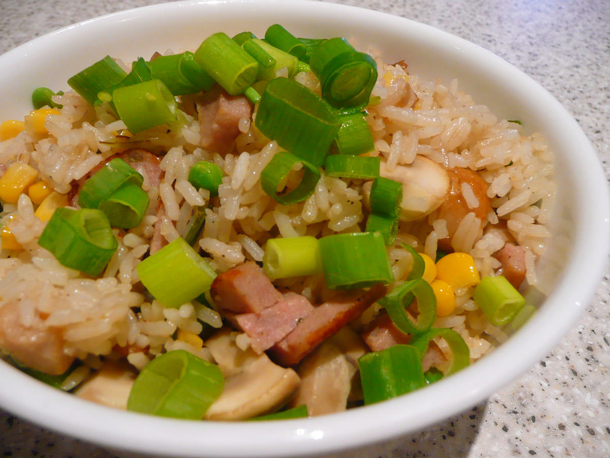 Close-up of Fried rice made with leftover sausage