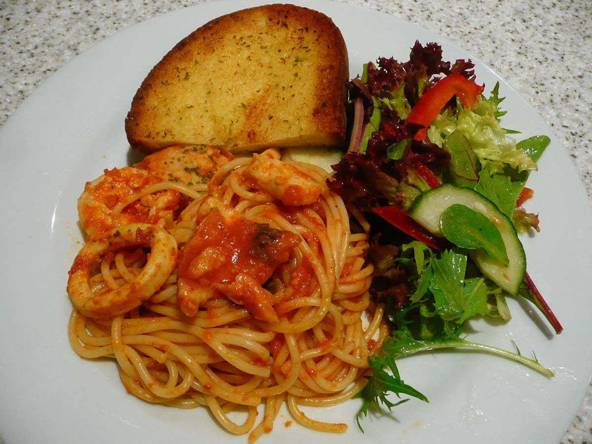 My plate - spaghetti marinara, salad and garlic bread