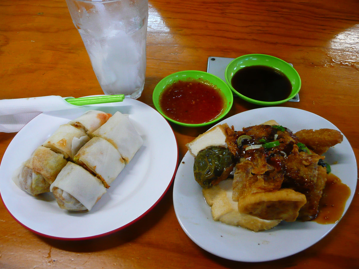 Popiah and yong tow foo and coconut juice