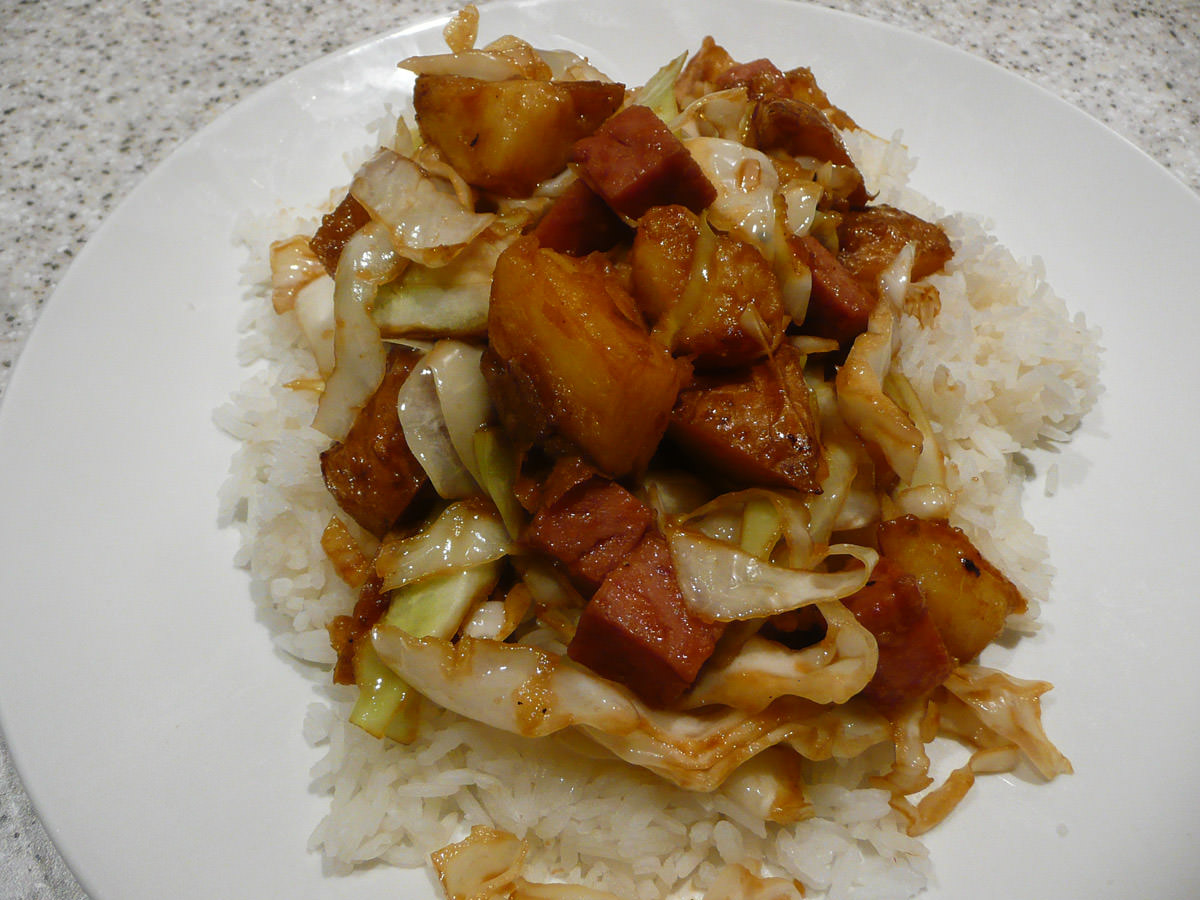 SPAM, potato and cabbage stir-fry with oyster sauce and garlic - on the plate