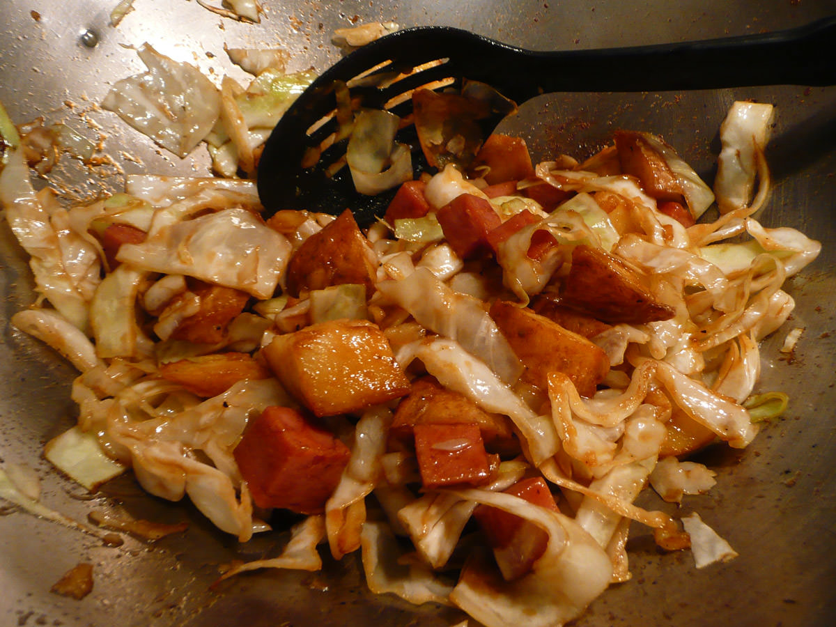 SPAM, potato and cabbage stir-fry with oyster sauce and garlic - in the wok