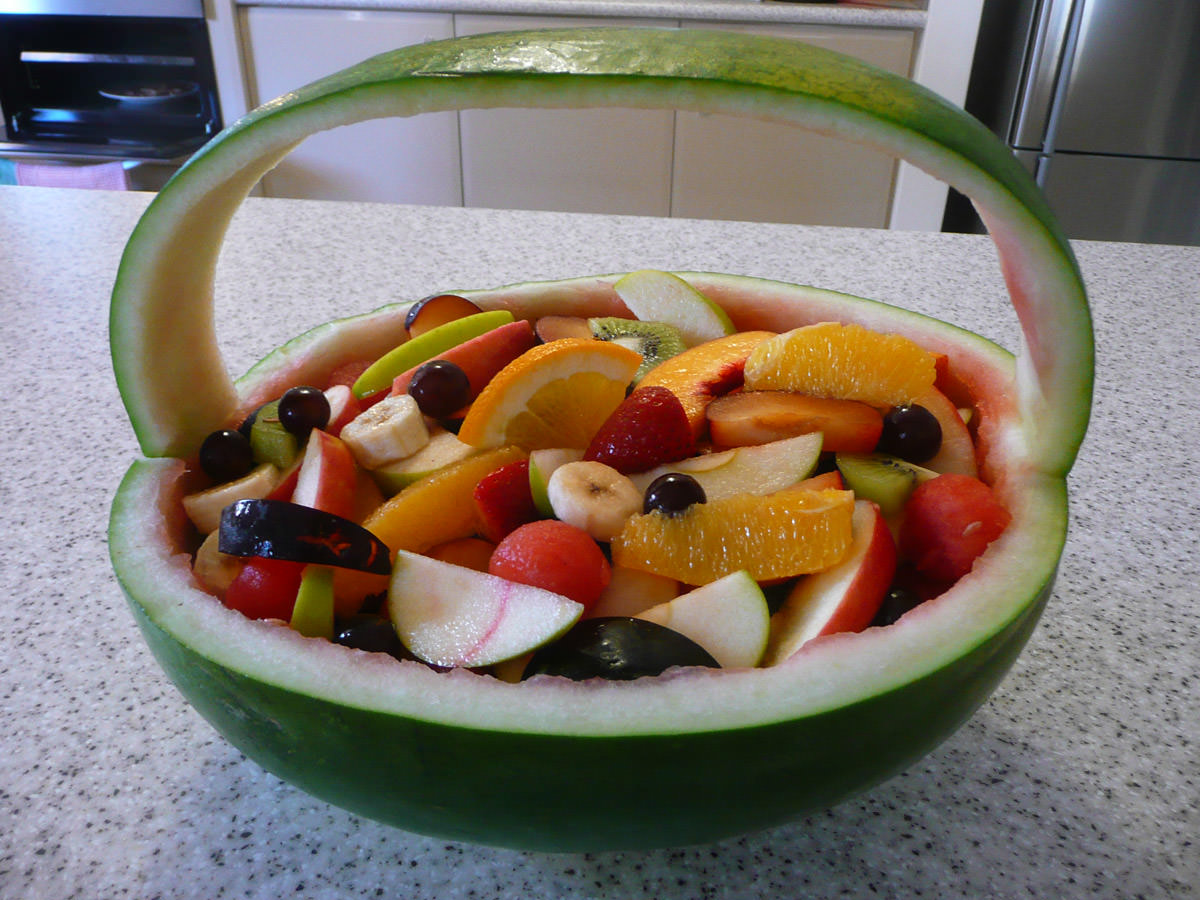 Fruit salad in a watermelon basket