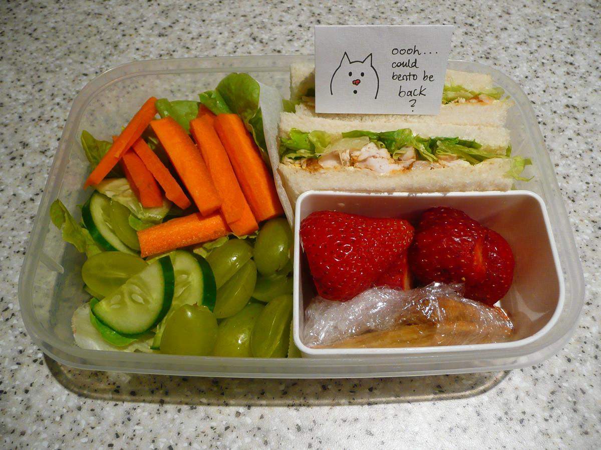 Jac's bento lunch - Thai red curry chicken sandwiches, salad, strawberries and sweet crackers