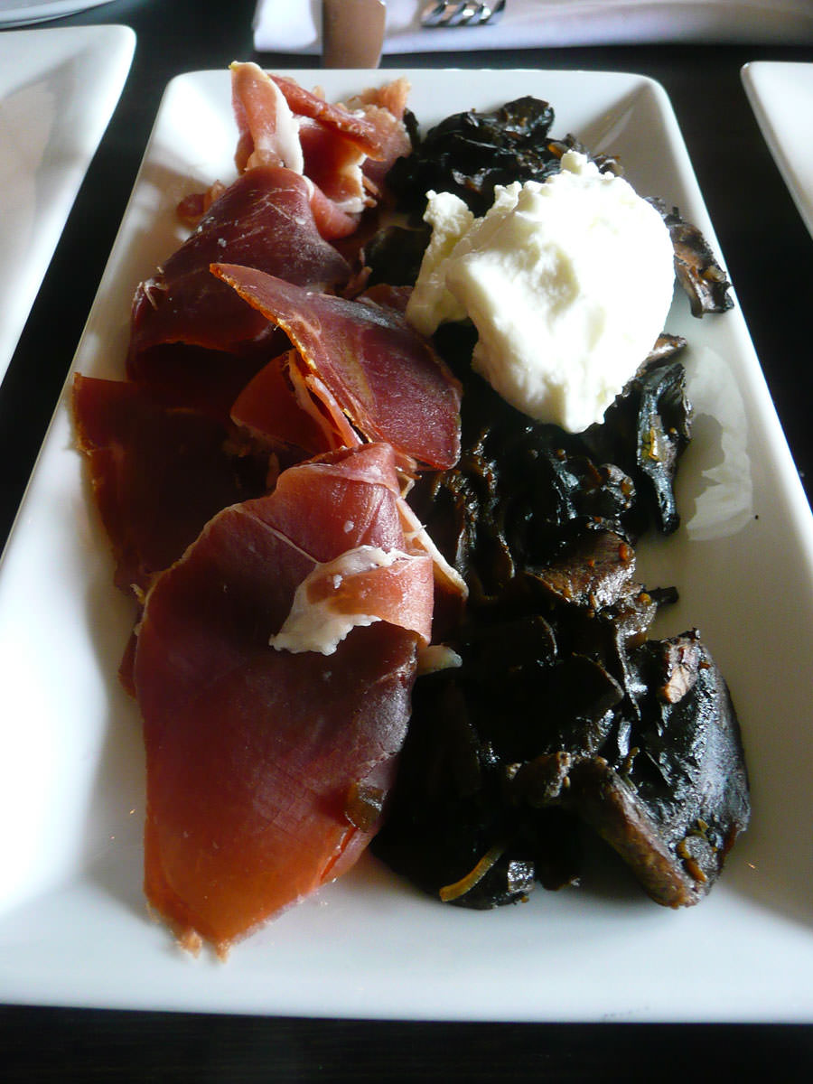 Pancetta and sherry glazed mushrooms with goats curd