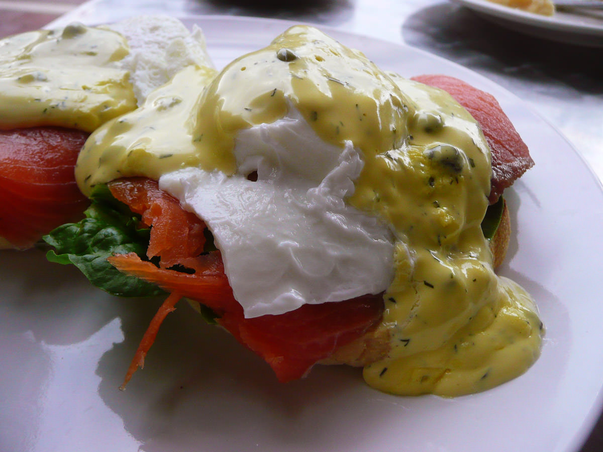 Eggs Benedict with smoked salmon close-up