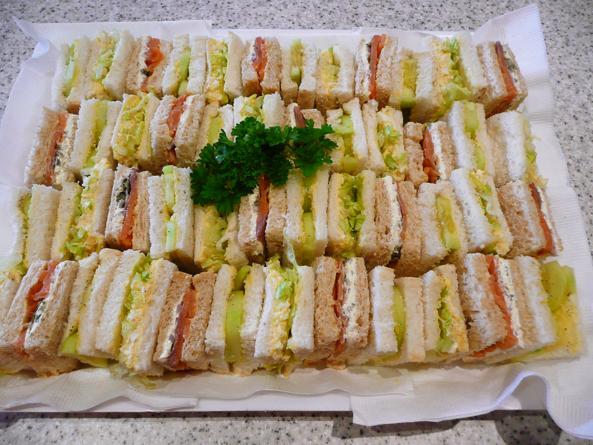 Sandwiches - hard-boiled egg, cucumber in vinegar, smoked salmon with cream cheese and capers
