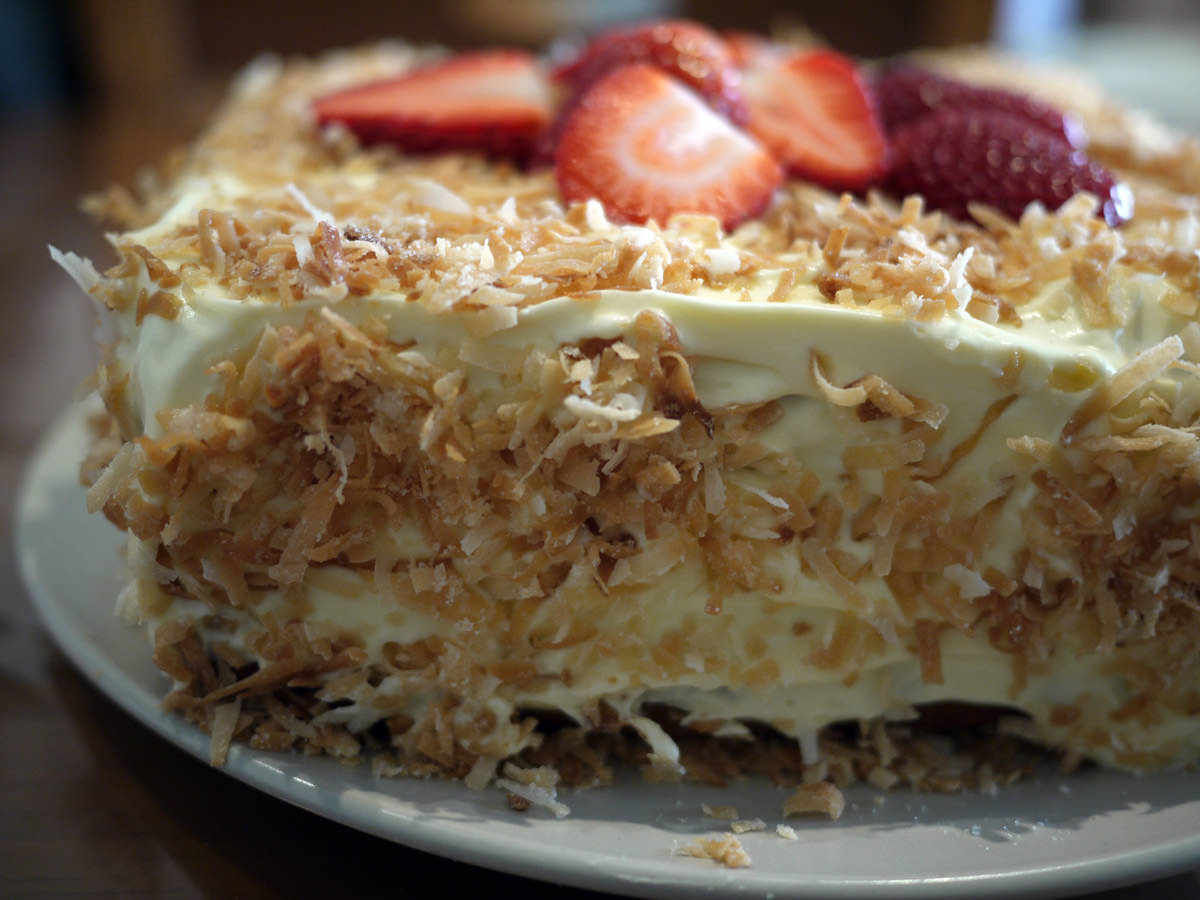 Close-up of toasted coconut and icing