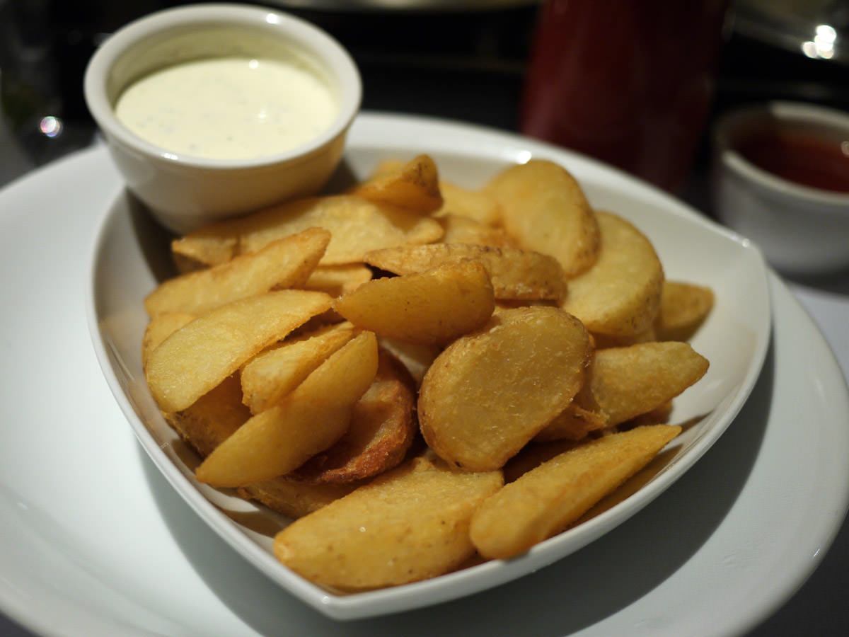 Duck fat fried potato wedges with sour cream