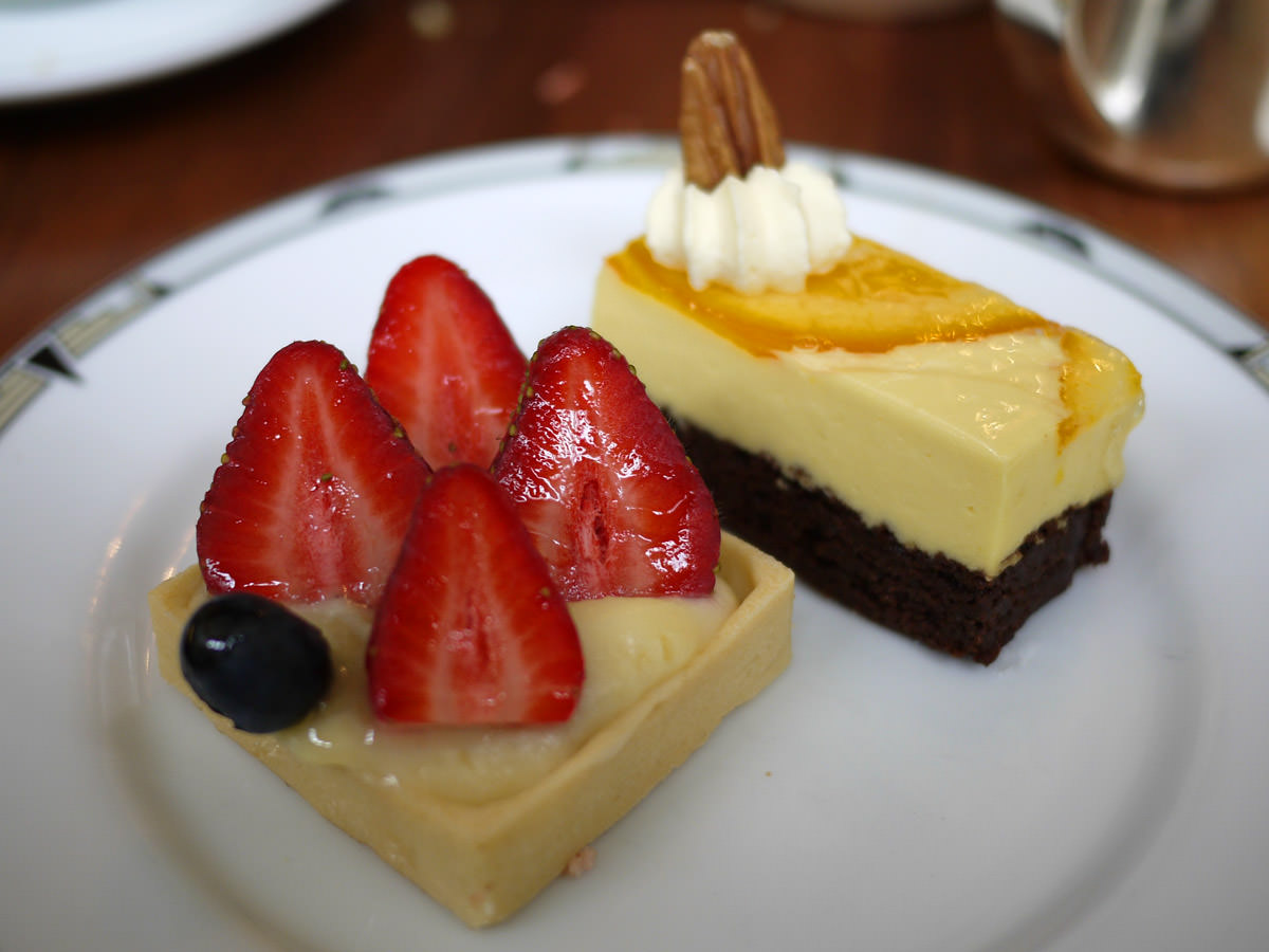 Rose cupcake, orange cheesecake, strawberry & custard tart