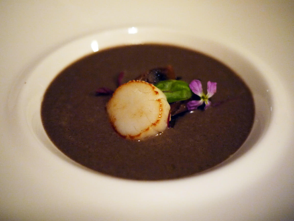 First course: creamy mushroom soup with forest mushrooms and seared scallop