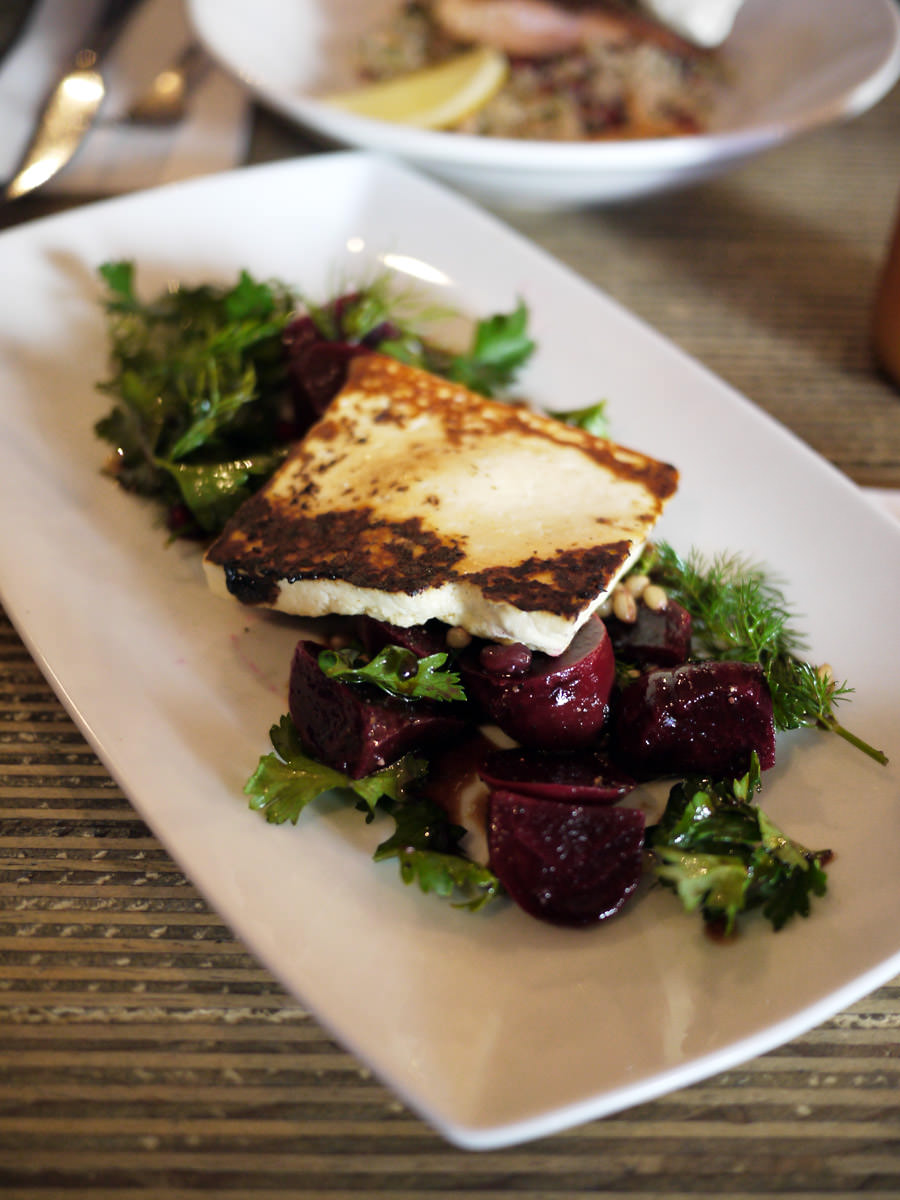 Grilled haloumi, beetroot, poached wheat salad (AU$18)