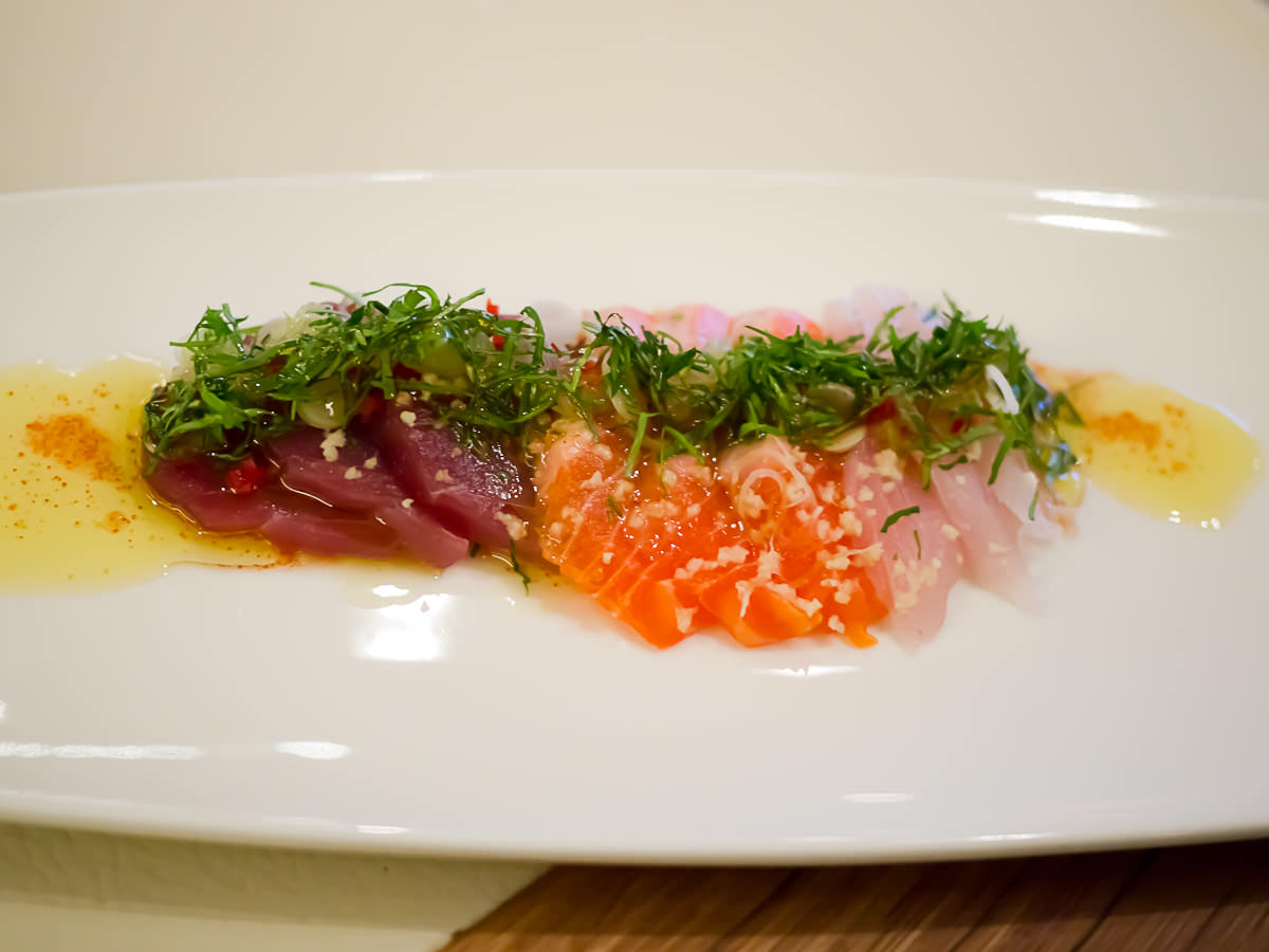 Crudo of ocean trout, yellow fin tuna and pink snapper with coriander and lime flavoured extra virgin olive oil (AU$29)