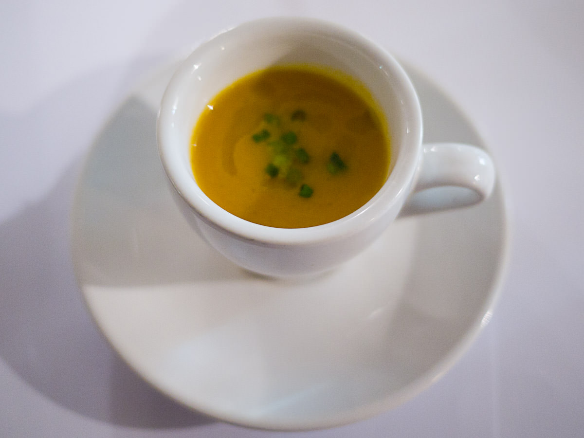 Complimentary amuse bouche - carrot and cumin soup