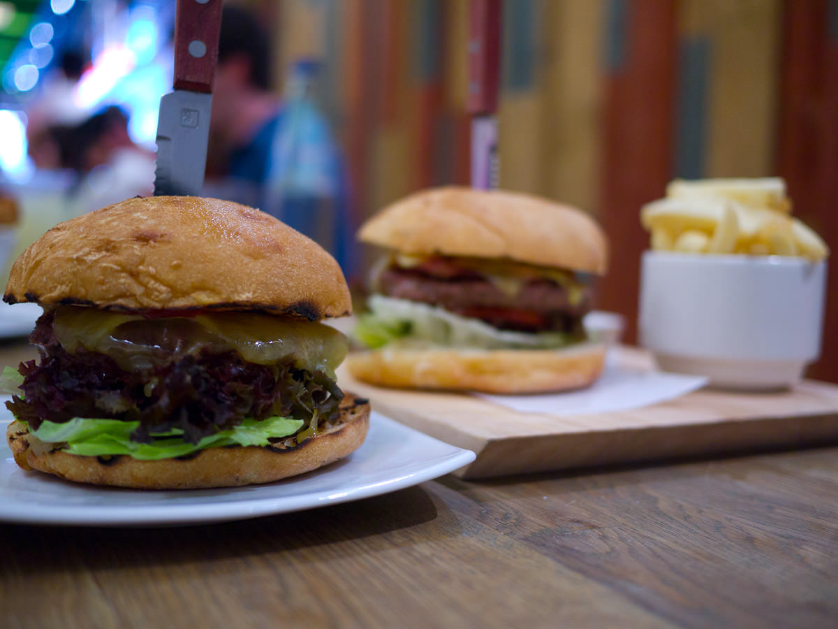 Organic Beef burger and Pommy burger