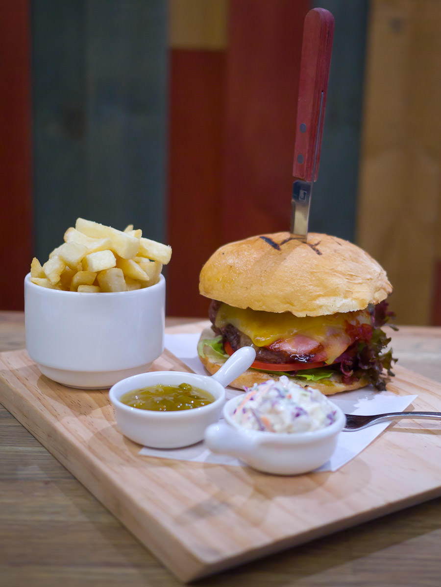 Pommy Burger meal deal - burger, fries, green tomato pickle, coleslaw