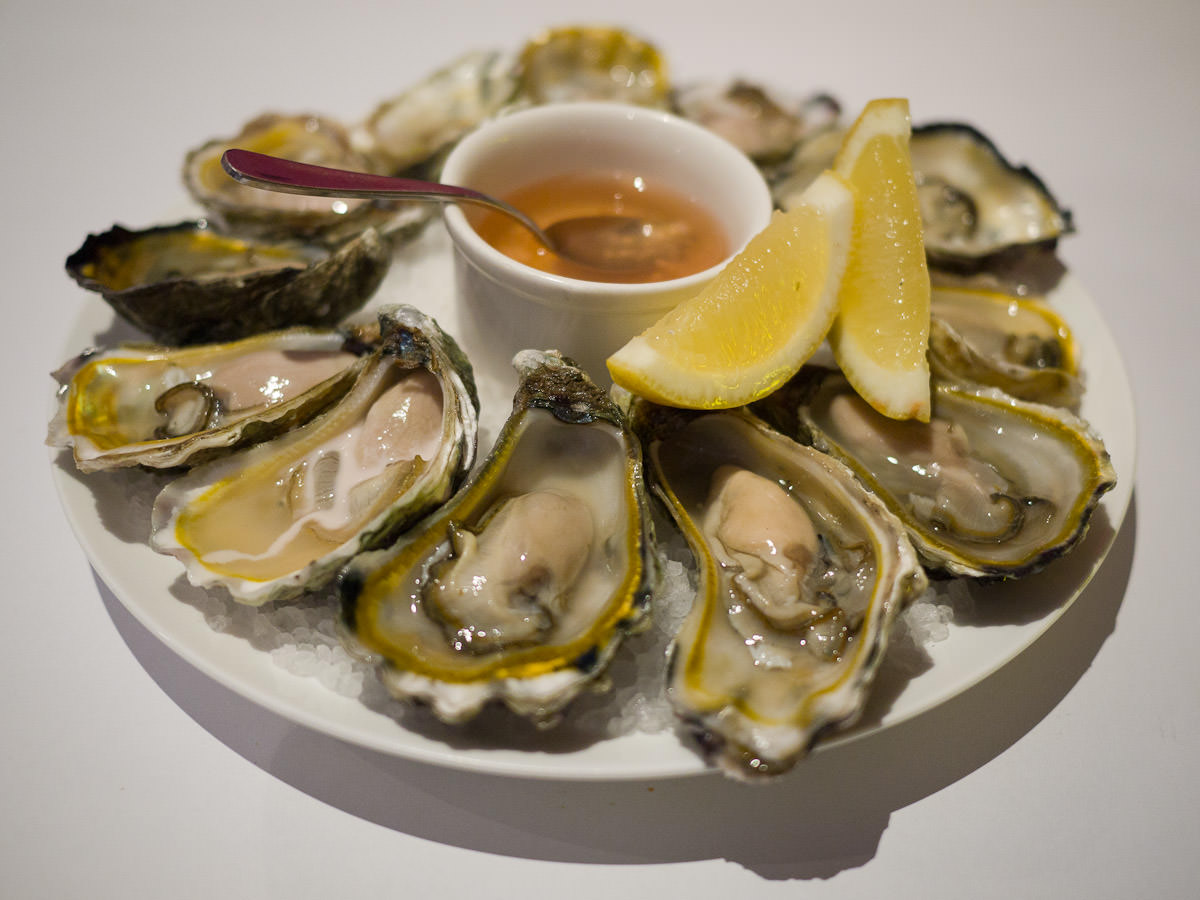 A dozen freshly shucked Albany rock oysters natural with champagne and shallot vinegar (AU$40)