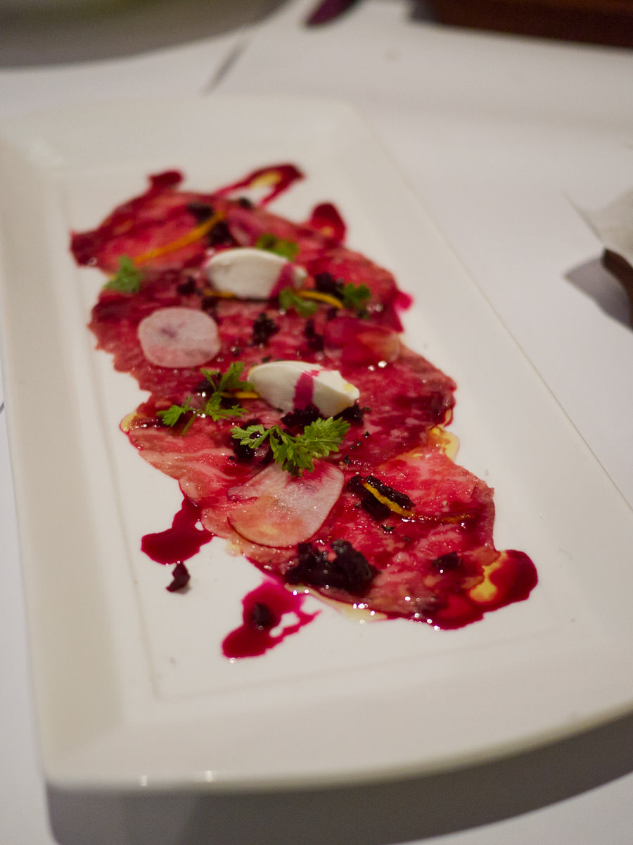 Margaret River wagyu beef carpaccio, salted yoghurt, pickled beetroot and Oasis herbs (AU$26)