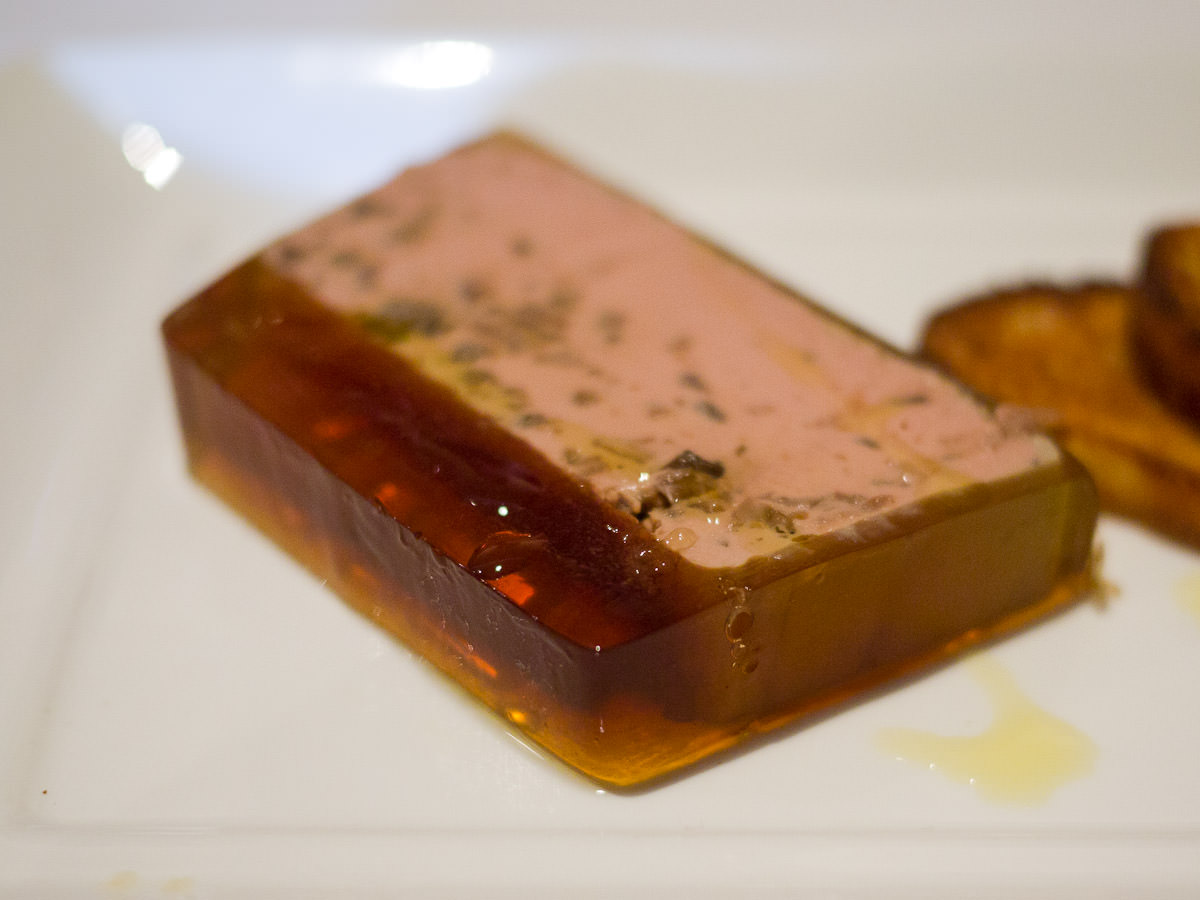 Chicken liver and porcini mushroom parfait with duck jelly - close-up