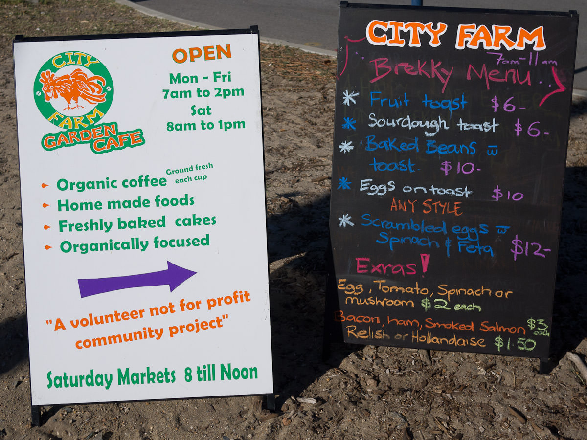 City Farm Cafe sign and breakfast menu