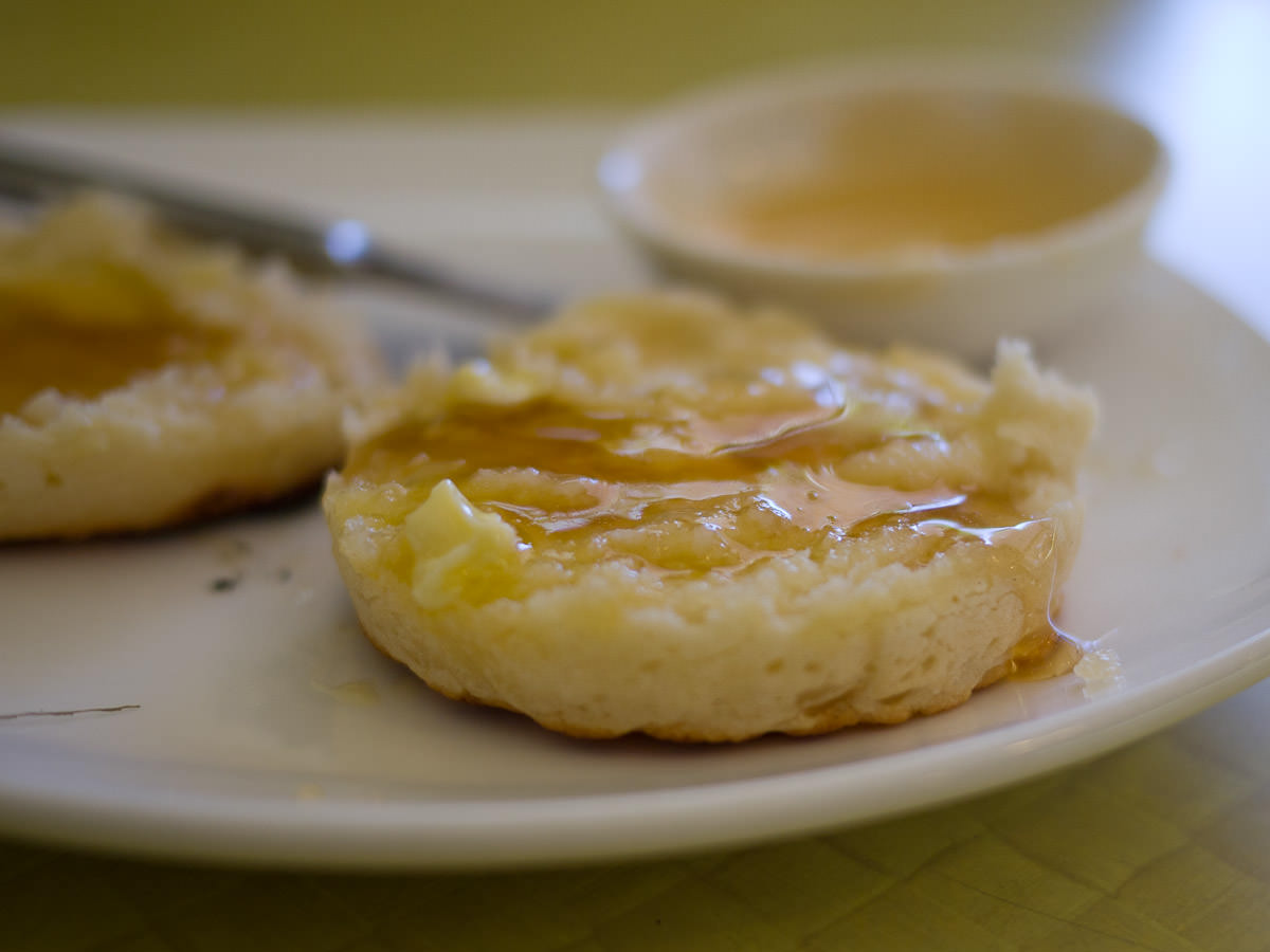 Crumpets with butter and honey