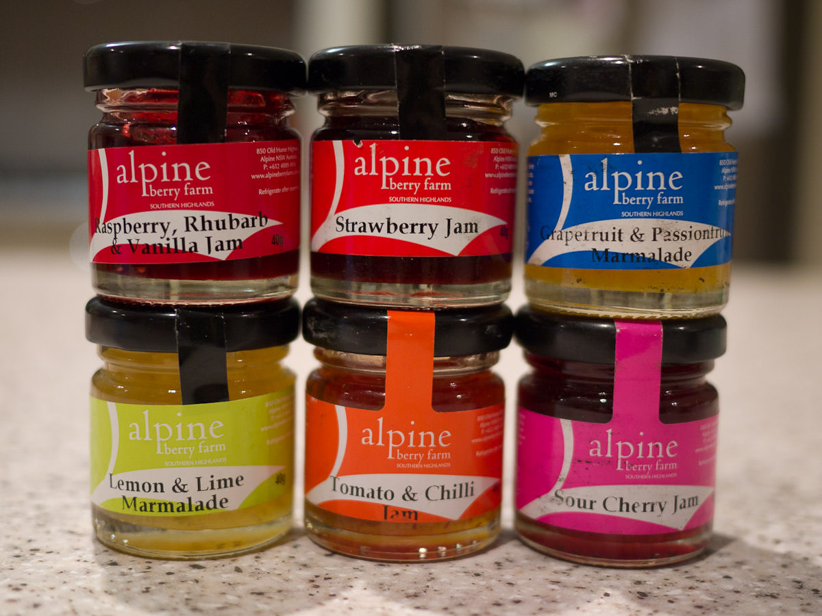 Six mini Alpine Berry Farm jams for $10
