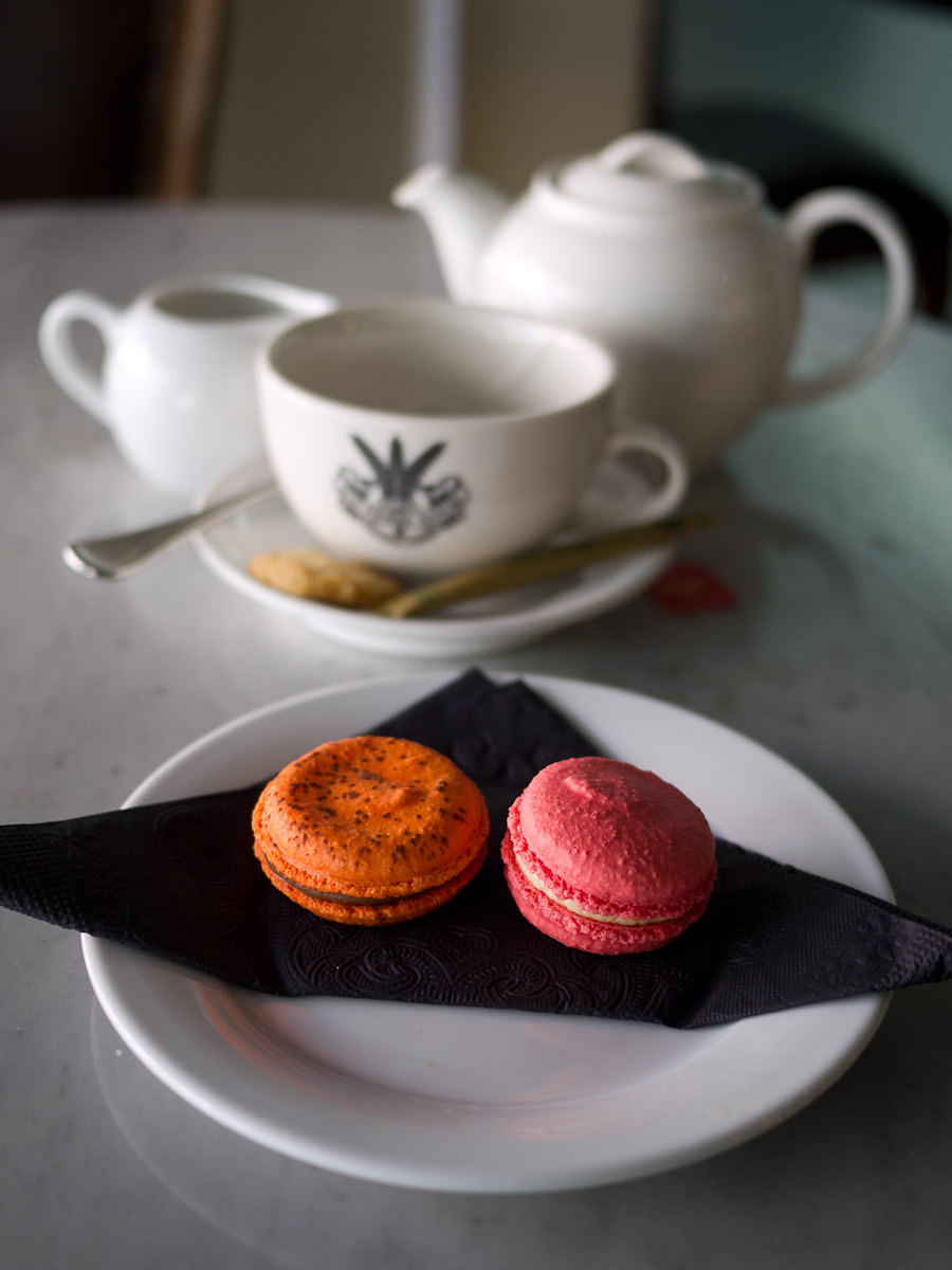 Strawberry and jaffa macarons and a pot of tea, Jean Pierre Sancho