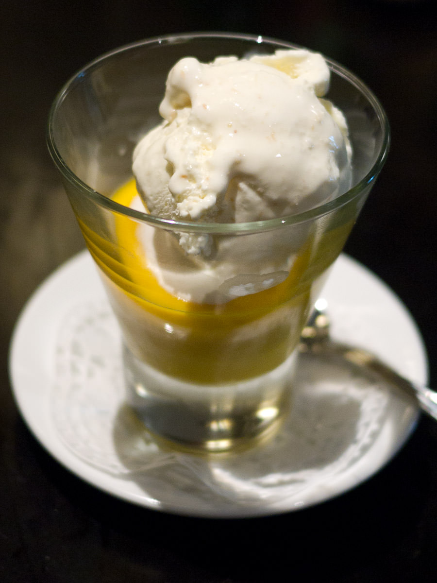 Mango pudding with coconut ice cream