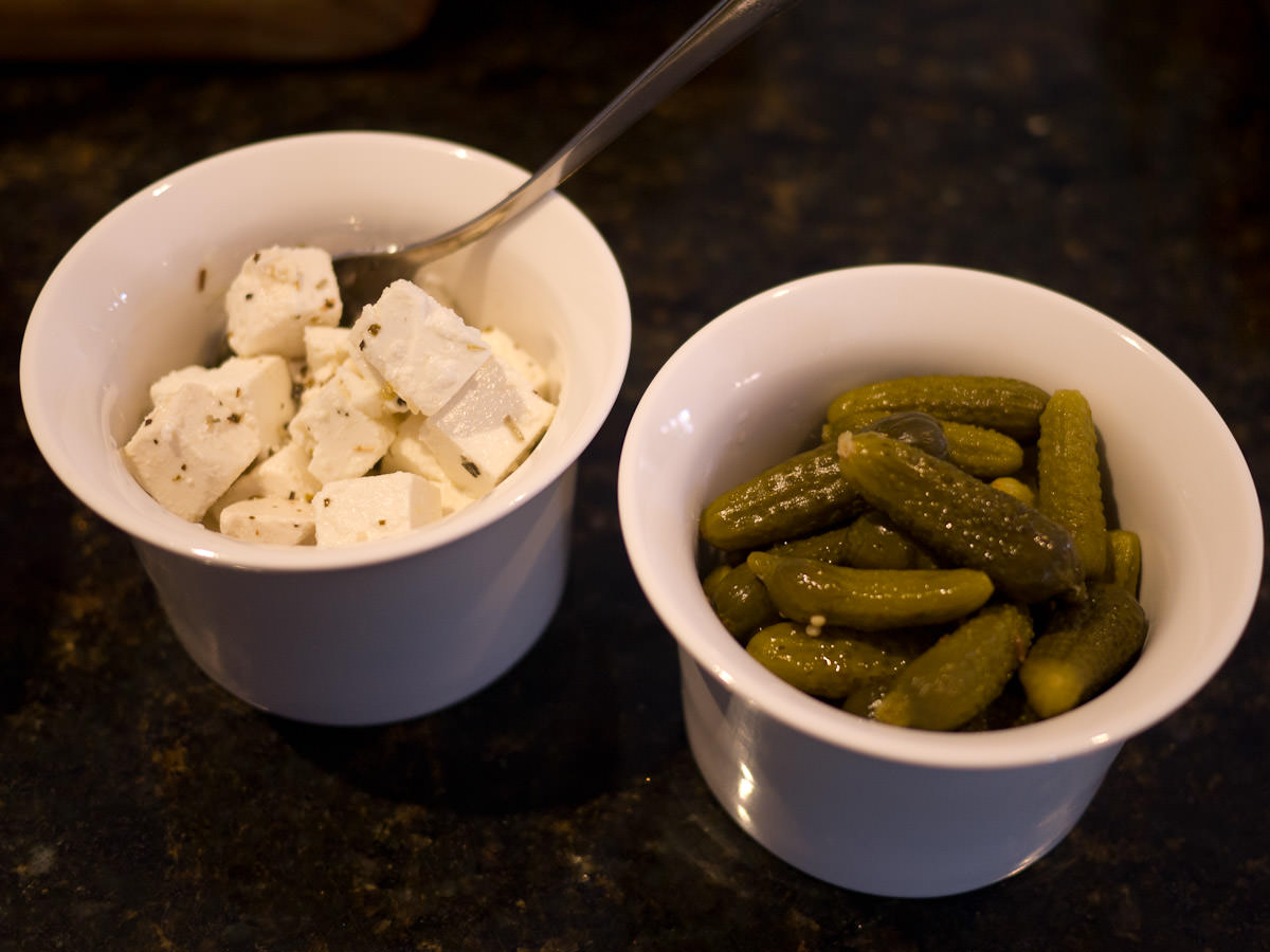 Marinated feta and gherkin pickles