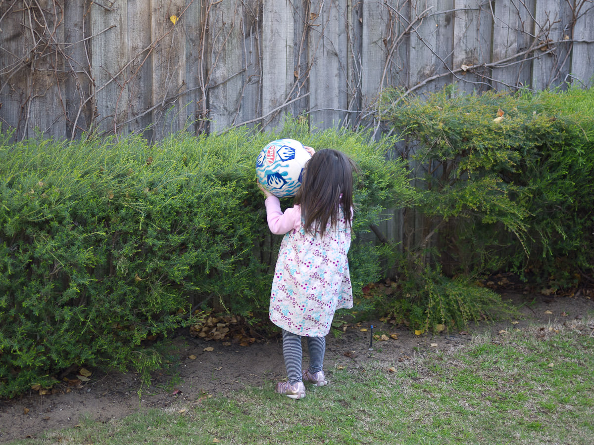 Zoe pushes the ball through the top of the bushes