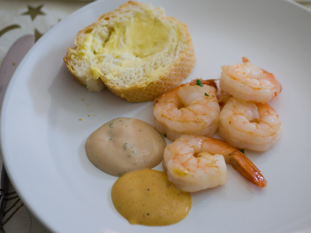 Prawns, dips and bread and butter