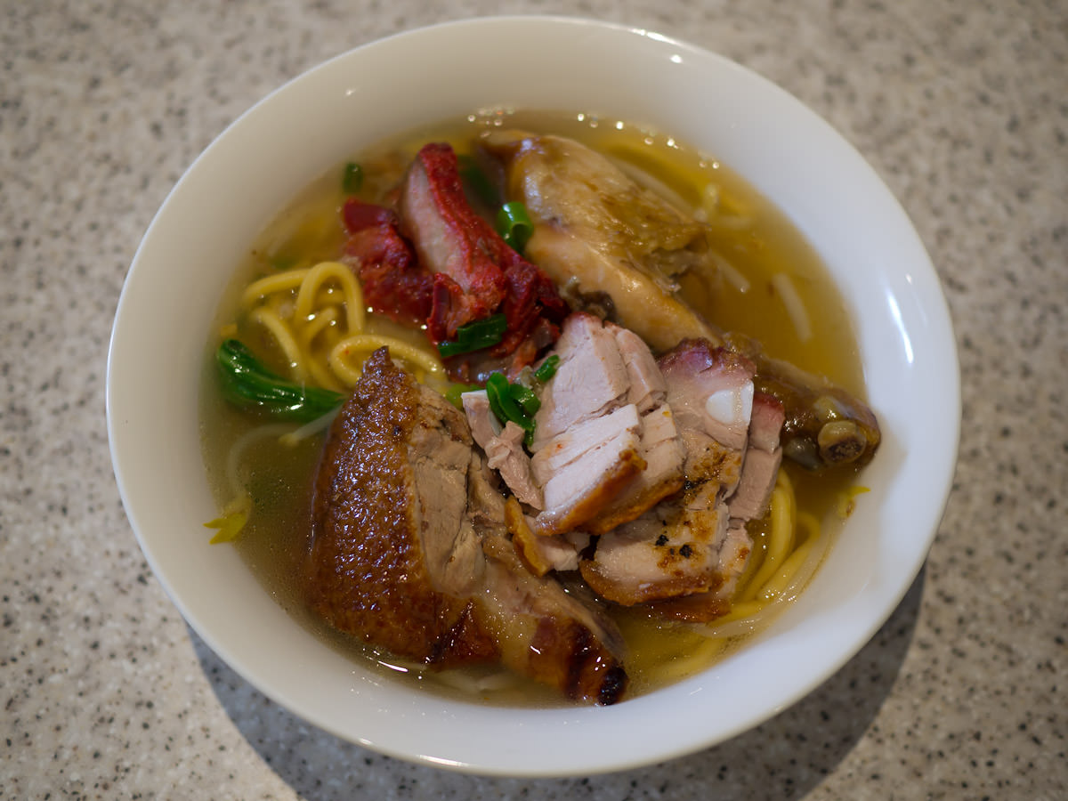 BBQ noodle soup with BBQ pork and roast pork, chicken and duck