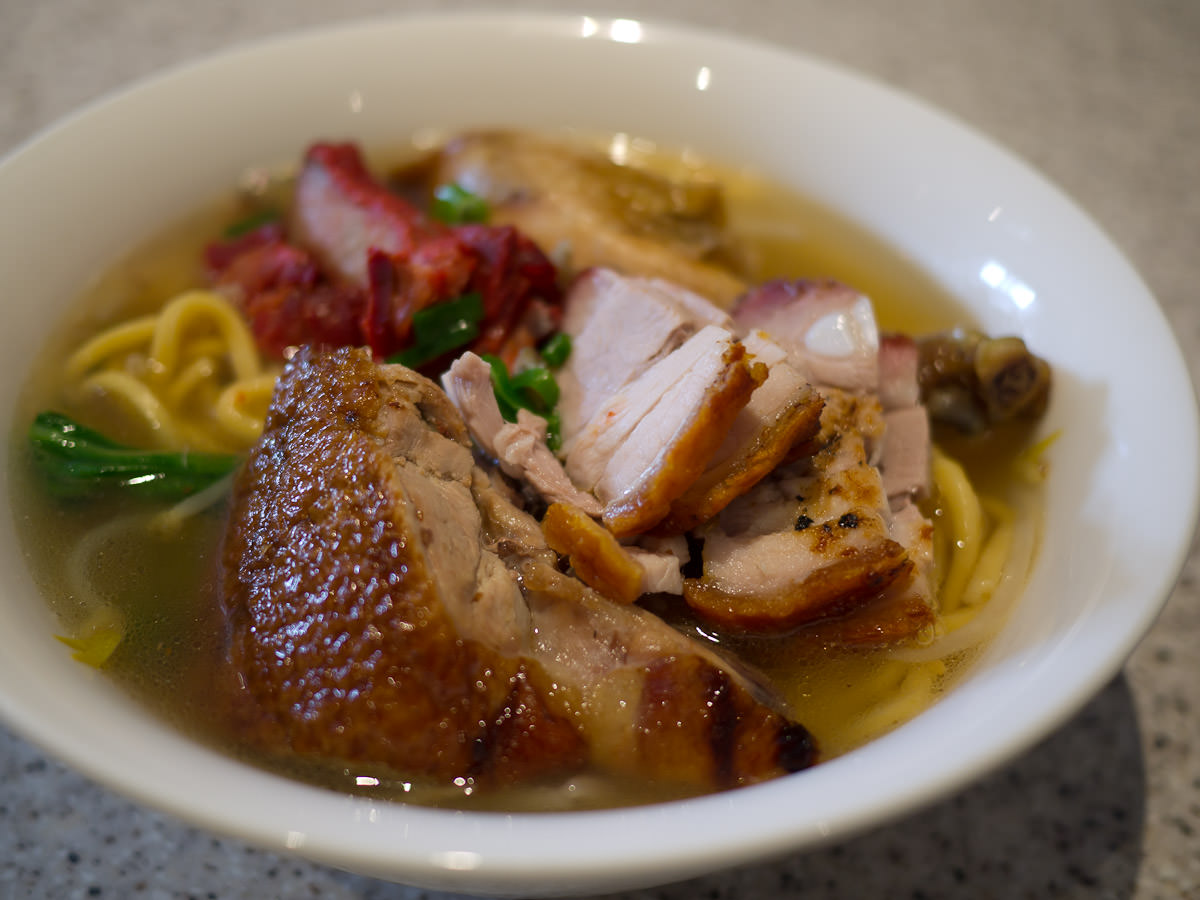 BBQ noodle soup with BBQ pork and roast pork, chicken and duck